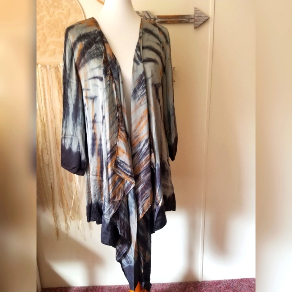 Soft Surroundings Silk Tie Dye Open Front Waterfall Drape Kimono Style Wrap XL